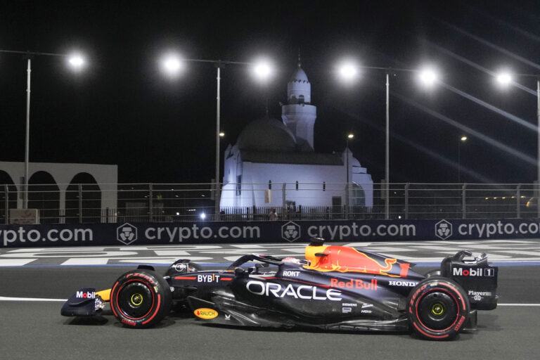 Media by Associated Press - Red Bull driver Max Verstappen of the Netherlands steers his car during the second free practice ahead of the Formula One Grand Prix at the Jeddah corniche circuit in Jeddah, Saudi Arabia, Friday, March 17, 2023. (AP Photo/Luca Bruno)