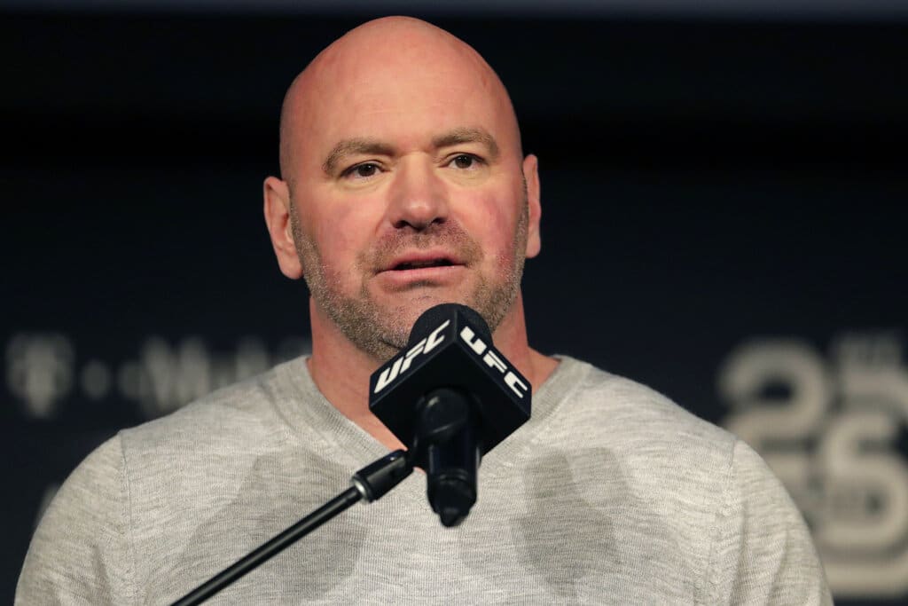 Media by Associated Press - FILE - In this Nov. 2, 2018, file photo, UFC president Dana White speaks at a news conference in New York. The first of three straight fight nights at Etihad Arena on Abu Dhabi’s Yas Island kicks off Saturday, Jan. 16, when Max Holloway fights Calvin Kattar in a 145-pound bout in the main event of the first combat sports card aired on ABC since 2000. In UFC 257 on Jan. 24, Conor McGregor returns from a year-long layoff for a rematch against Dustin Poirier in the promotions's first pay-per-view of the year. (AP Photo/Julio Cortez, File)